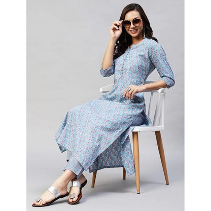 Generic Women's Casual 3-4 th Sleeve Printed Cotton Kurti Pant Set (Pastel Blue)