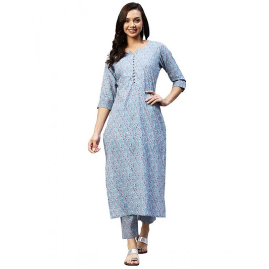 Generic Women's Casual 3-4 th Sleeve Printed Cotton Kurti Pant Set (Pastel Blue)