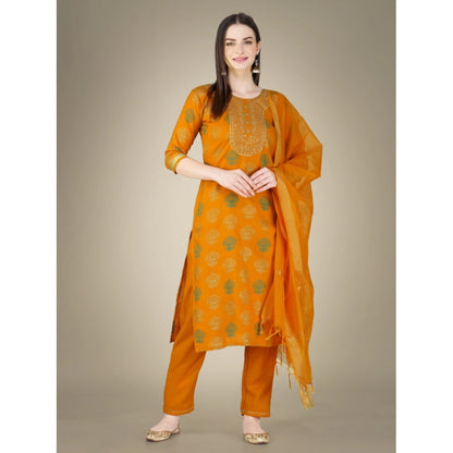 Generic Women's Casual 3-4 th Sleeve Embroidery Cotton Kurti Pant Dupatta Set (Yellow)