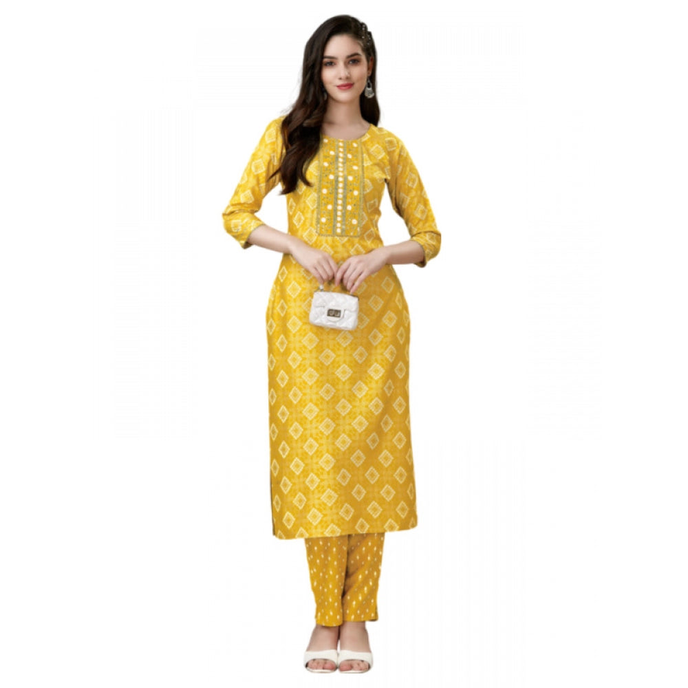 Generic Women's Casual 3-4 th Sleeve Embroidery Rayon Kurti Pant Set (Yellow)