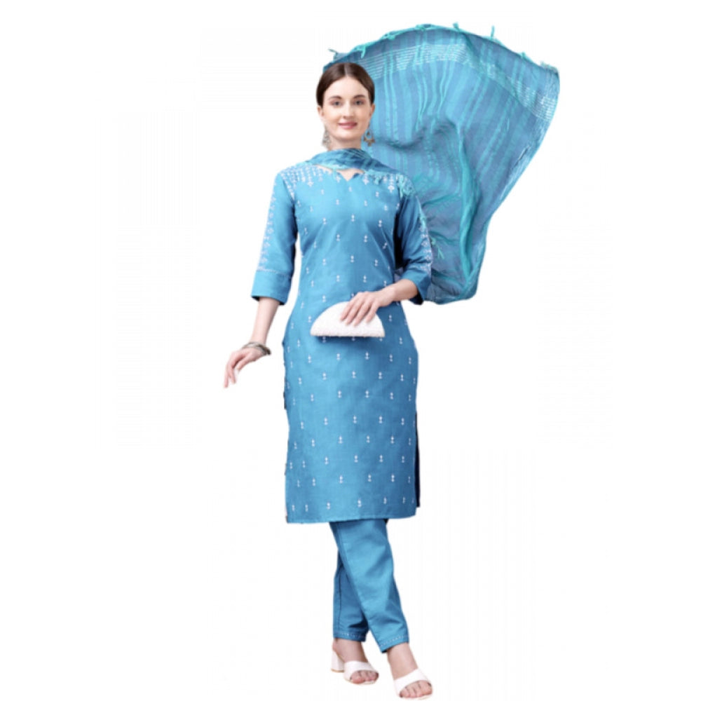 Generic Women's Casual 3-4 th Sleeve Embroidery Cotton Kurti Pant Dupatta Set (Sky Blue)