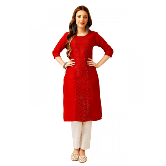 Generic Women's Casual 3-4 th Sleeve Embroidery Cotton Kurti Pant Set (Red)