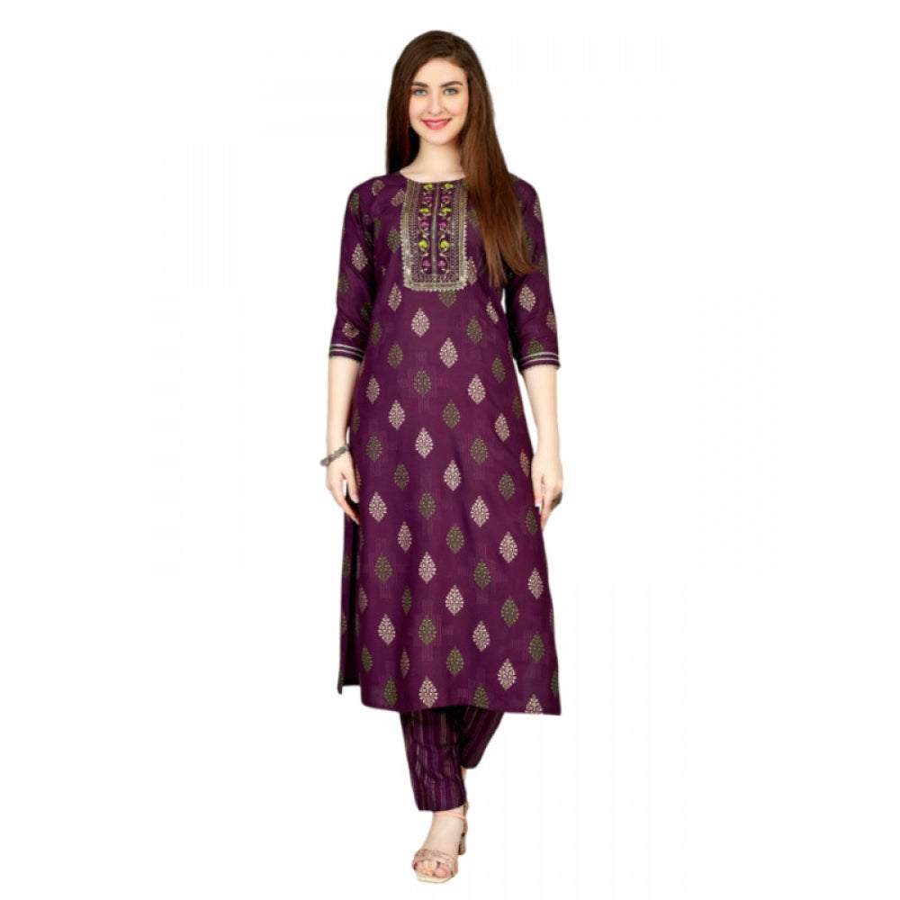 Generic Women's Casual 3-4 th Sleeve Embroidery Rayon Kurti Pant Set (Purple)