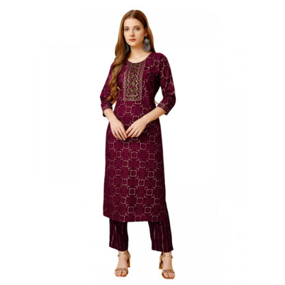 Generic Women's Casual 3-4 th Sleeve Embroidery Rayon Kurti Pant Set (Purple)