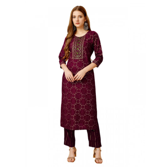 Generic Women's Casual 3-4 th Sleeve Embroidery Rayon Kurti Pant Set (Purple)