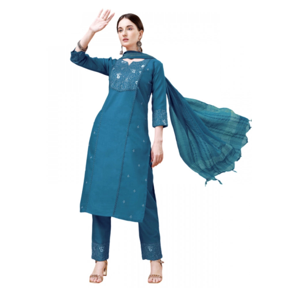 Generic Women's Casual 3-4 th Sleeve Embroidery Cotton Kurti Pant Dupatta Set (Blue )