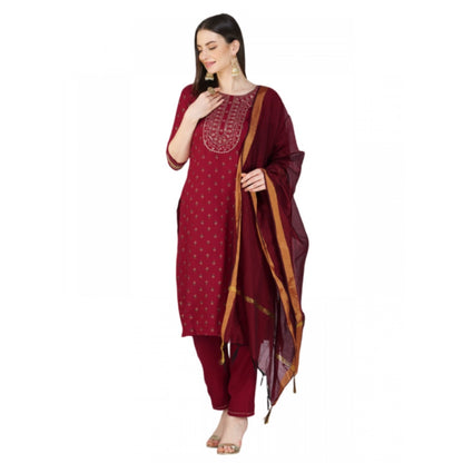 Generic Women's Casual 3-4 th Sleeve Embroidery Cotton Kurti Pant Dupatta Set (Maroon)