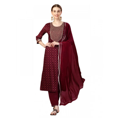 Generic Women's Casual 3-4 th Sleeve Embroidery Silk Blend Kurti Pant Dupatta Set (Maroon)