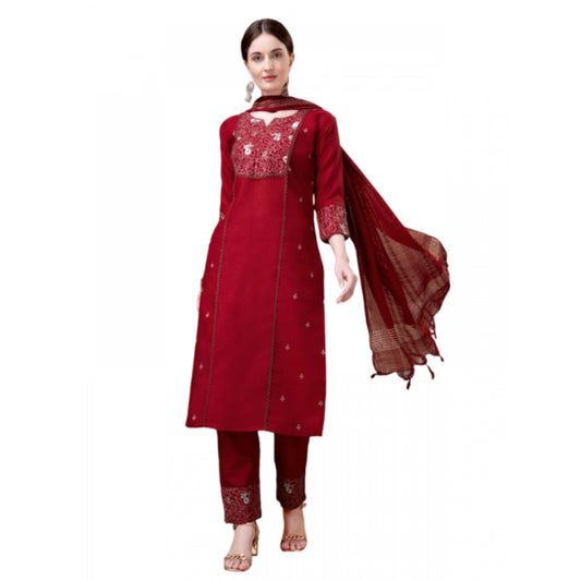 Generic Women's Casual 3-4 th Sleeve Embroidery Cotton Kurti Pant Dupatta Set (Maroon)