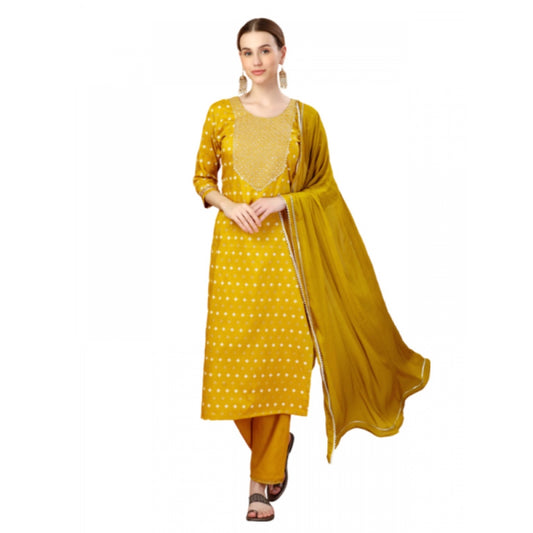 Generic Women's Casual 3-4 th Sleeve Embroidery Silk Blend Kurti Pant Dupatta Set (Golden)