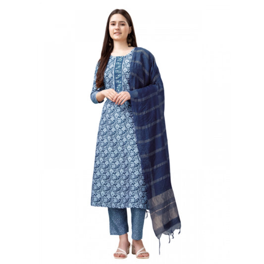 Generic Women's Casual 3-4 th Sleeve Embroidery Rayon Kurti Pant Dupatta Set (Light Blue)