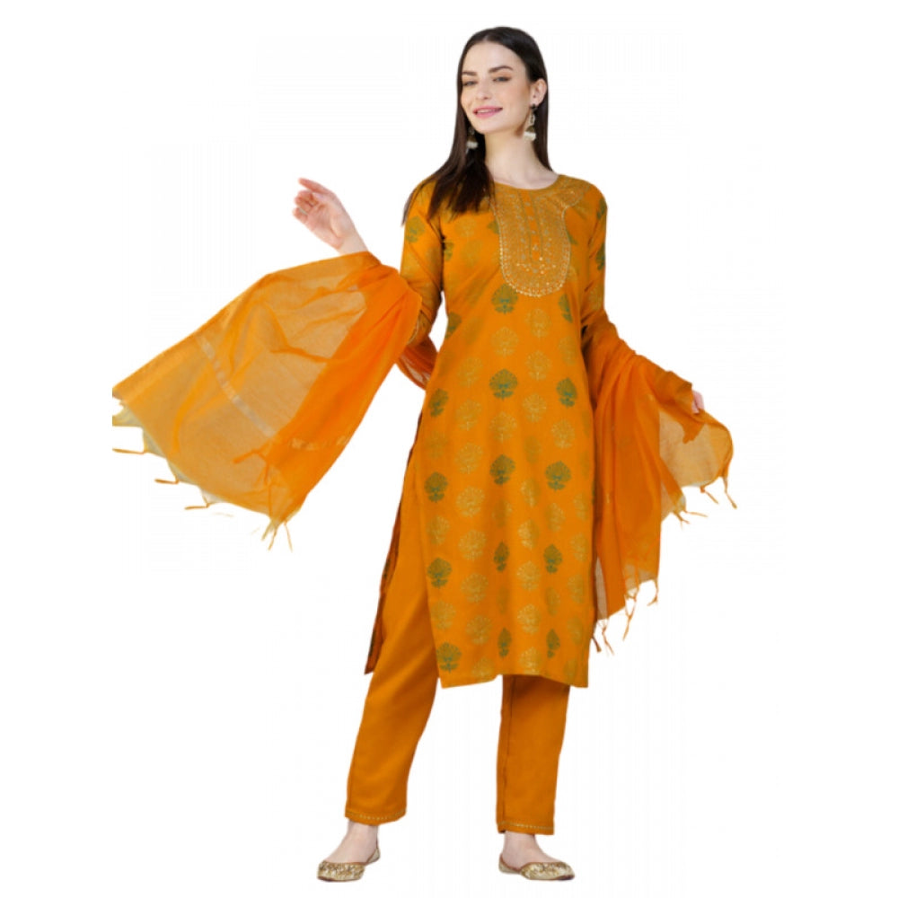 Generic Women's Casual 3-4 th Sleeve Embroidery Cotton Kurti Pant Dupatta Set (Yellow)