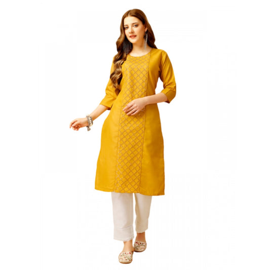 Generic Women's Casual 3-4 th Sleeve Embroidery Cotton Kurti Pant Set (Yellow)