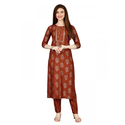 Generic Women's Casual 3-4 th Sleeve Embroidery Rayon Kurti Pant Set (Brown)