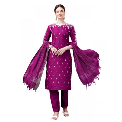 Generic Women's Casual 3-4 th Sleeve Embroidery Cotton Kurti Pant Dupatta Set (Purple)