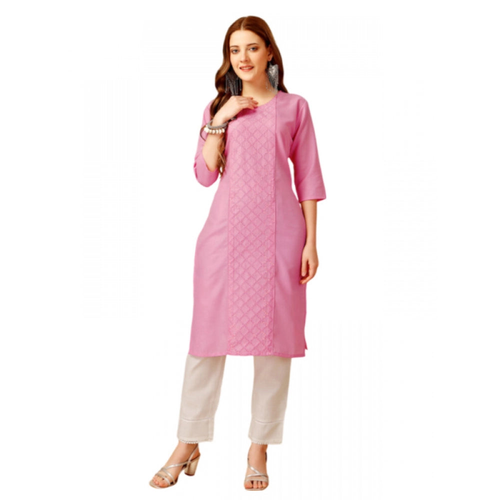 Generic Women's Casual 3-4 th Sleeve Embroidery Cotton Kurti Pant Set (Pink)