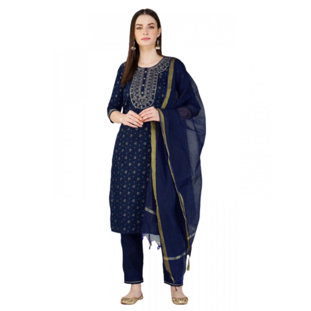 Generic Women's Casual 3-4 th Sleeve Embroidery Cotton Kurti Pant Dupatta Set (Dark Blue)