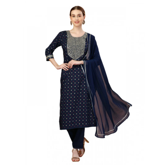 Generic Women's Casual 3-4 th Sleeve Embroidery Silk Blend Kurti Pant Dupatta Set (Navy Blue)