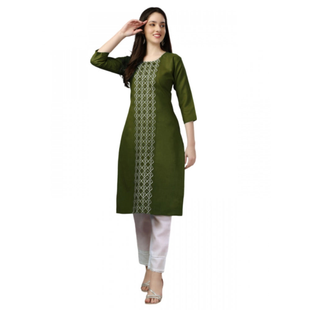 Generic Women's Casual 3-4 th Sleeve Embroidery Cotton Kurti (Dark Green)