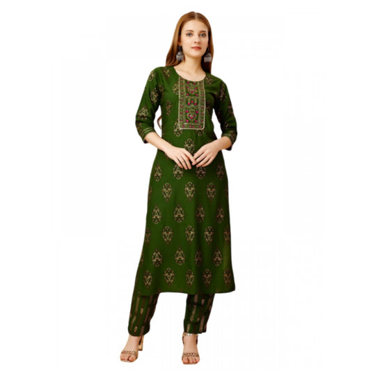 Generic Women's Casual 3-4 th Sleeve Embroidery Rayon Kurti Pant Set (Green)