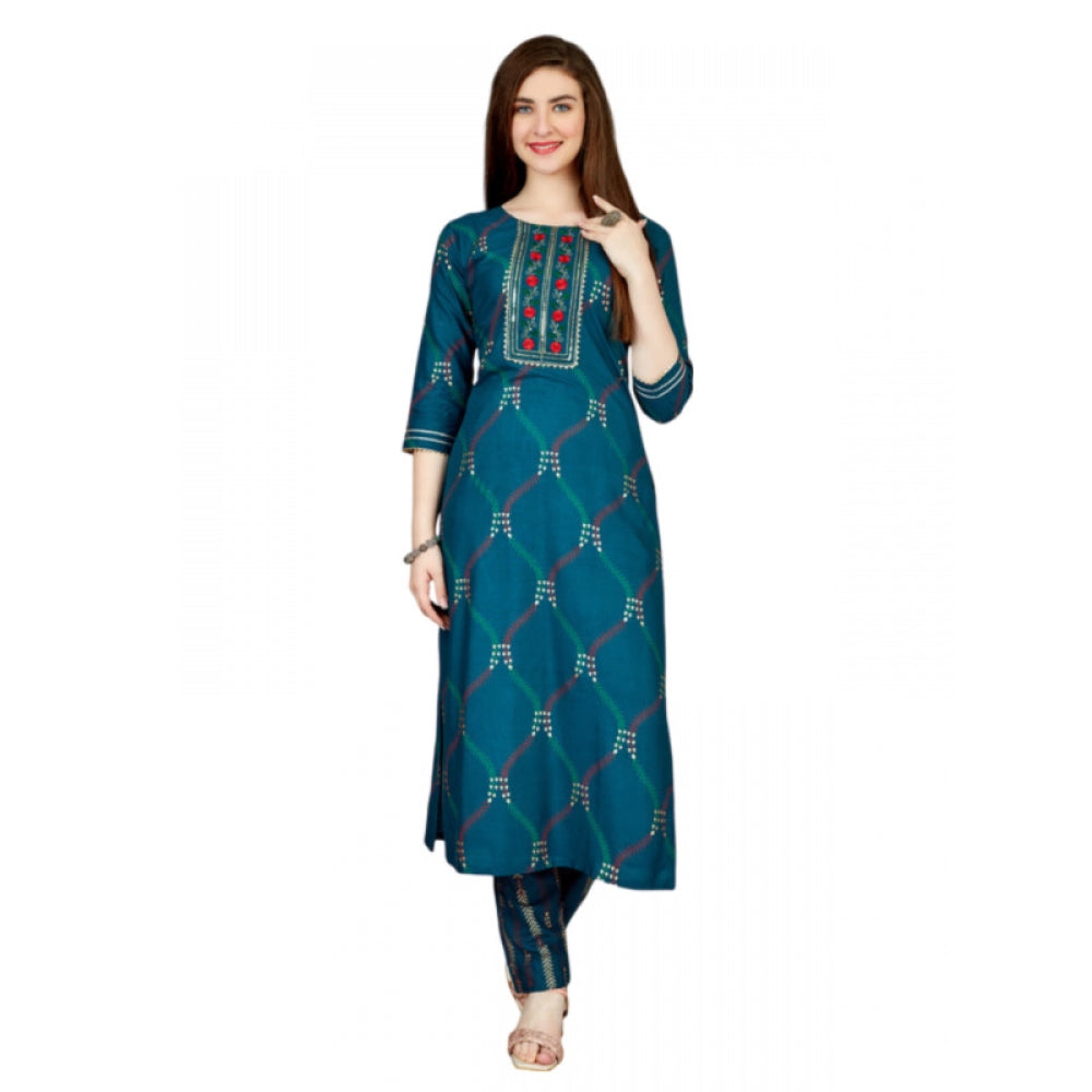 Generic Women's Casual 3-4 th Sleeve Embroidery Rayon Kurti Pant Set (Dark Blue)