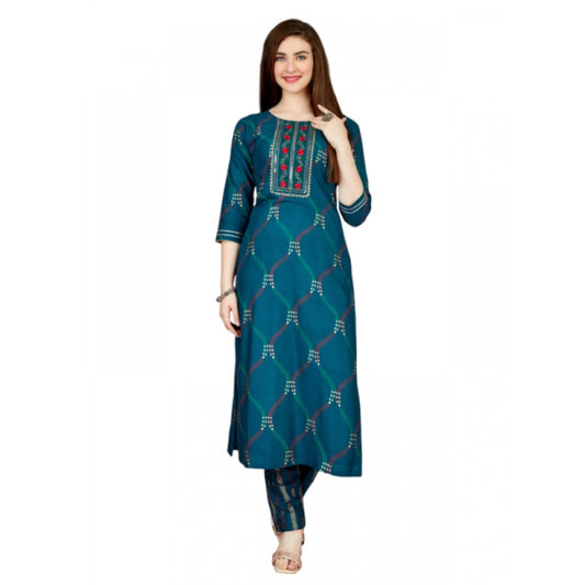 Generic Women's Casual 3-4 th Sleeve Embroidery Rayon Kurti Pant Set (Dark Blue)