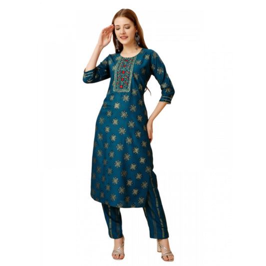 Generic Women's Casual 3-4 th Sleeve Embroidery Rayon Kurti Pant Set (Blue)