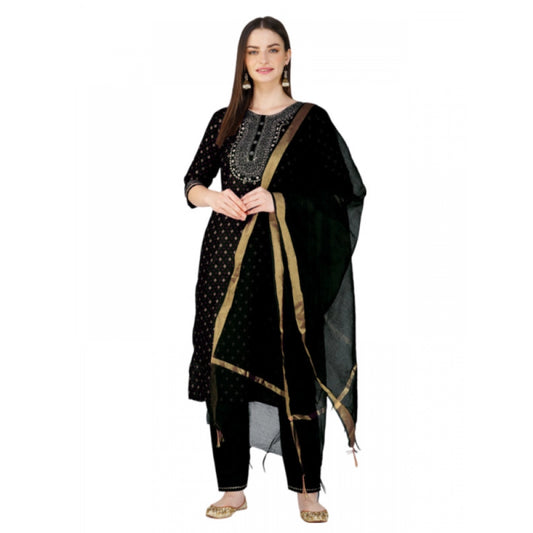 Generic Women's Casual 3-4 th Sleeve Embroidery Cotton Kurti Pant Dupatta Set (Black)