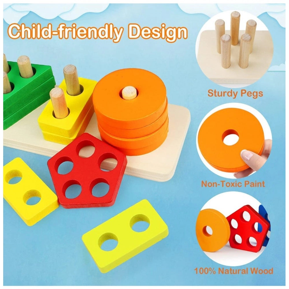 Generic Wooden  Sorting And Stacking Toys 5 Column Geometric Shape Puzzle Activity For Kids (Wood Color)