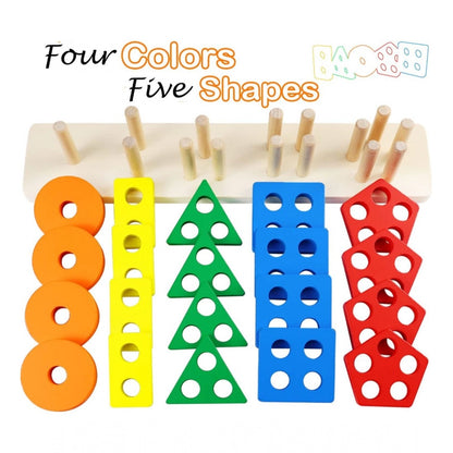 Generic Wooden  Sorting And Stacking Toys 5 Column Geometric Shape Puzzle Activity For Kids (Wood Color)