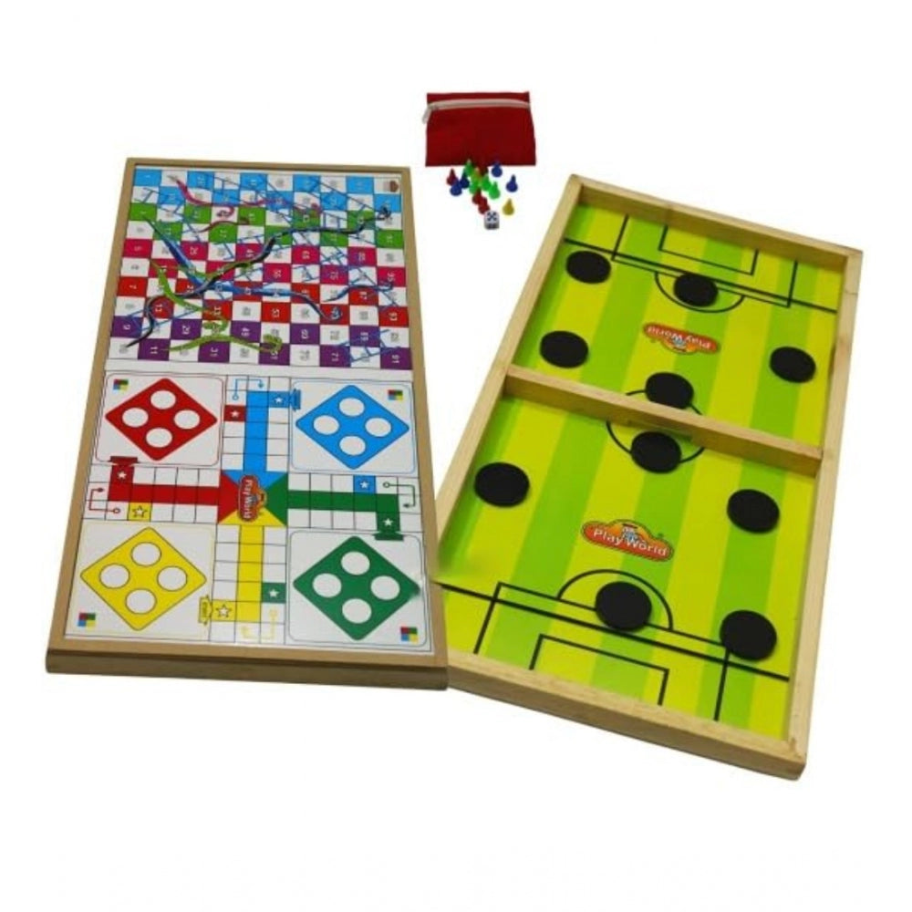 Generic Wood Carrom String Hockey Ludo Snake And Ladder 3 In 1 Board Game (Multicolor)