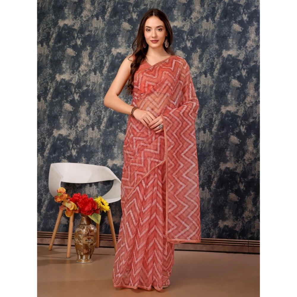 Generic Women's Linen Zig Zag Saree With Unstitched Blouse (Peach, 5-6 Mtrs)