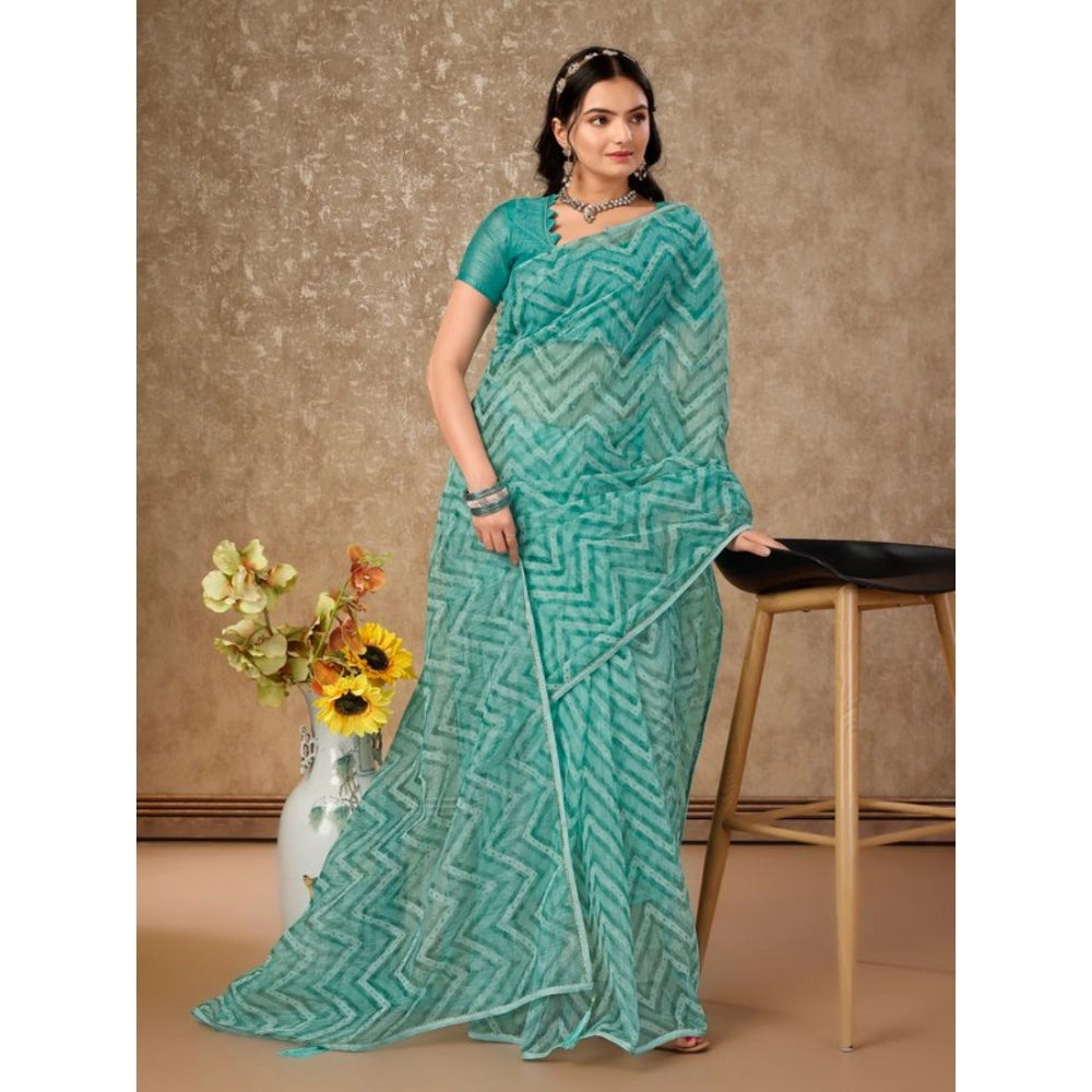 Generic Women's Linen Zig Zag Saree With Unstitched Blouse (Turquoise Green, 5-6 Mtrs)