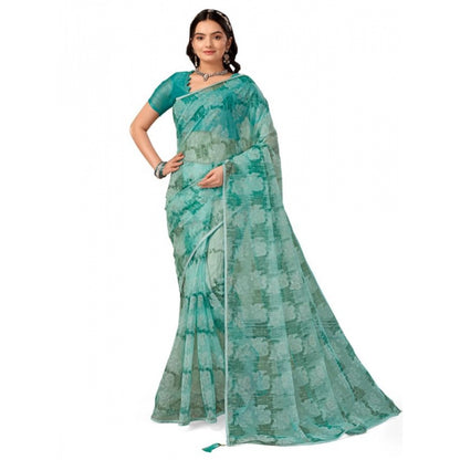 Generic Women's Linen Floral Printed Saree With Unstitched Blouse (Turquoise Green, 5-6 Mtrs)