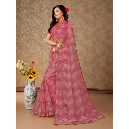 Generic Women's Linen Floral Printed Saree With Unstitched Blouse (Pink, 5-6 Mtrs)