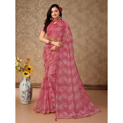 Generic Women's Linen Floral Printed Saree With Unstitched Blouse (Pink, 5-6 Mtrs)