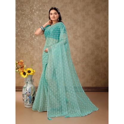 Generic Women's Linen Line Saree With Unstitched Blouse (Turquoise Green, 5-6 Mtrs)