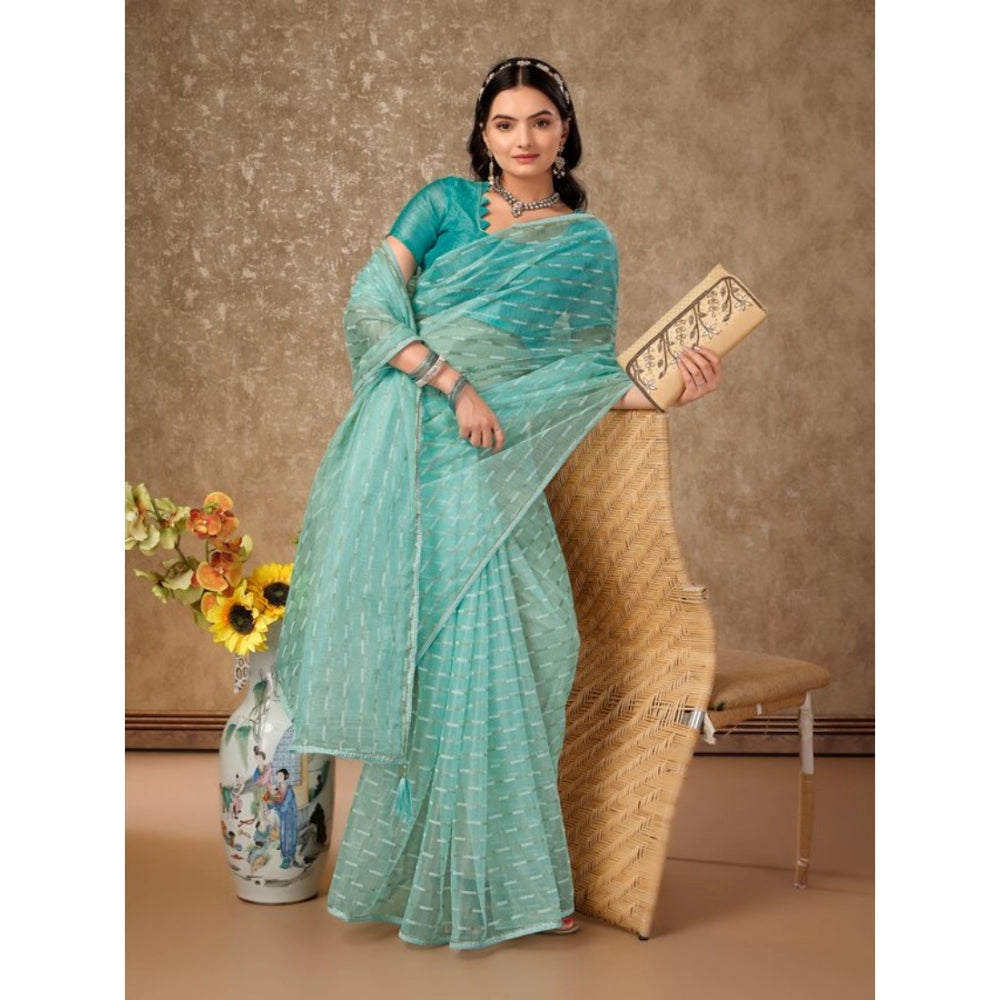 Generic Women's Linen Line Saree With Unstitched Blouse (Turquoise Green, 5-6 Mtrs)