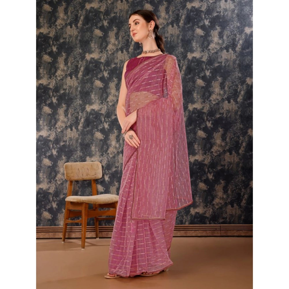 Generic Women's Linen Line Saree With Unstitched Blouse (Purple, 5-6 Mtrs)