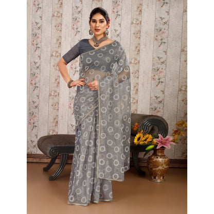 Generic Women's Linen Gola Printed Saree With Unstitched Blouse (Grey, 5-6 Mtrs)