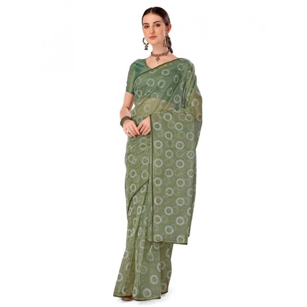 Generic Women's Linen Gola Printed Saree With Unstitched Blouse (Green, 5-6 Mtrs)