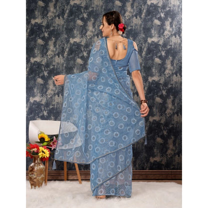 Generic Women's Linen Gola Printed Saree With Unstitched Blouse (Blue, 5-6 Mtrs)