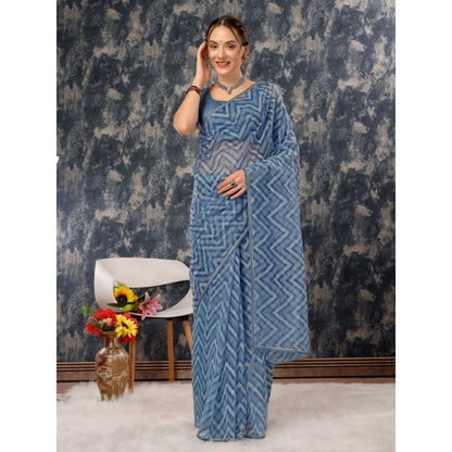 Generic Women's Linen Zig Zag Saree With Unstitched Blouse (Blue, 5-6 Mtrs)