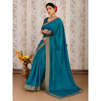 Generic Women's Vichitra Plain Saree With Unstitched Blouse (Blue, 5-6 Mtrs)