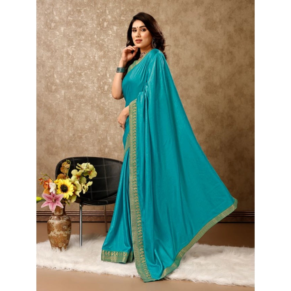 Generic Women's Vichitra Plain Saree With Unstitched Blouse (Teal Blue, 5-6 Mtrs)