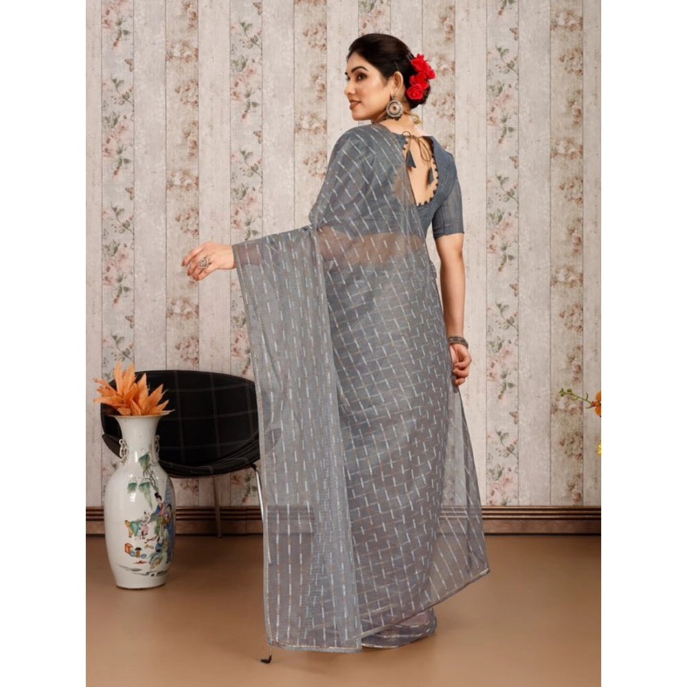 Generic Women's Linen Line Saree With Unstitched Blouse (Grey, 5-6 Mtrs)