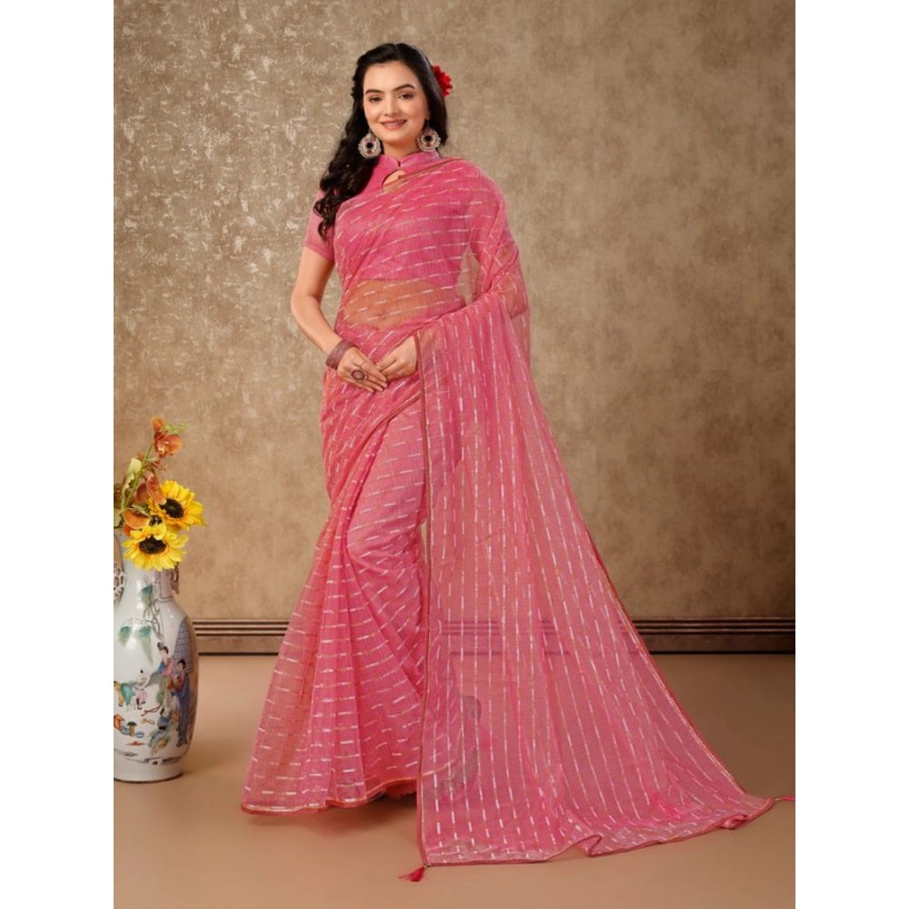 Generic Women's Linen Line Saree With Unstitched Blouse (Pink, 5-6 Mtrs)