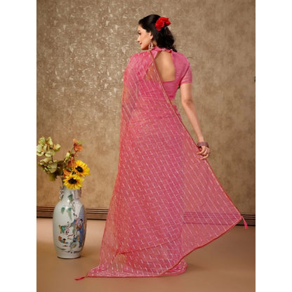 Generic Women's Linen Line Saree With Unstitched Blouse (Pink, 5-6 Mtrs)