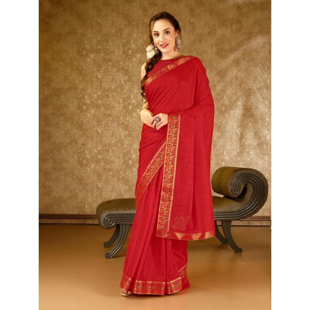 Generic Women's Vichitra Swiroshki Butta Saree With Unstitched Blouse (Red, 5-6 Mtrs)