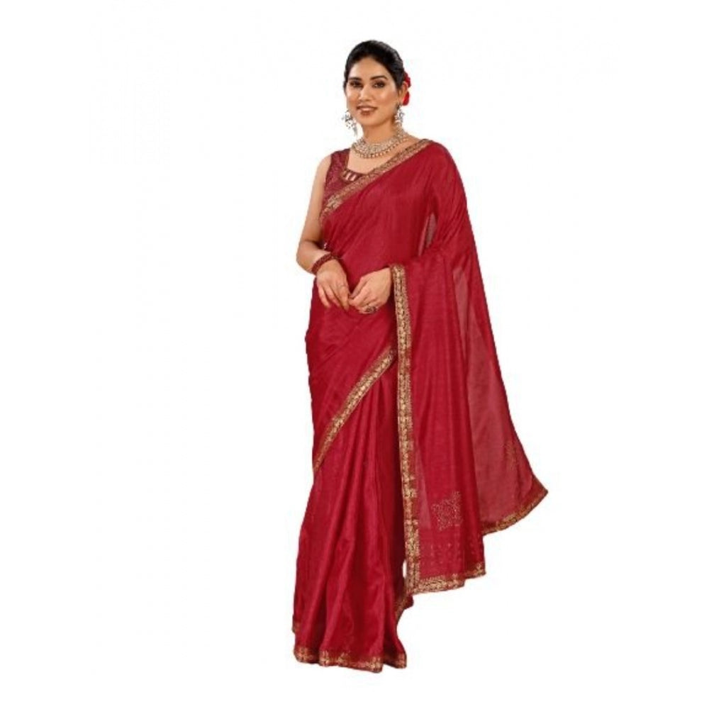 Generic Women's Vichitra Swiroshki Butta Saree With Unstitched Blouse (Maroon, 5-6 Mtrs)